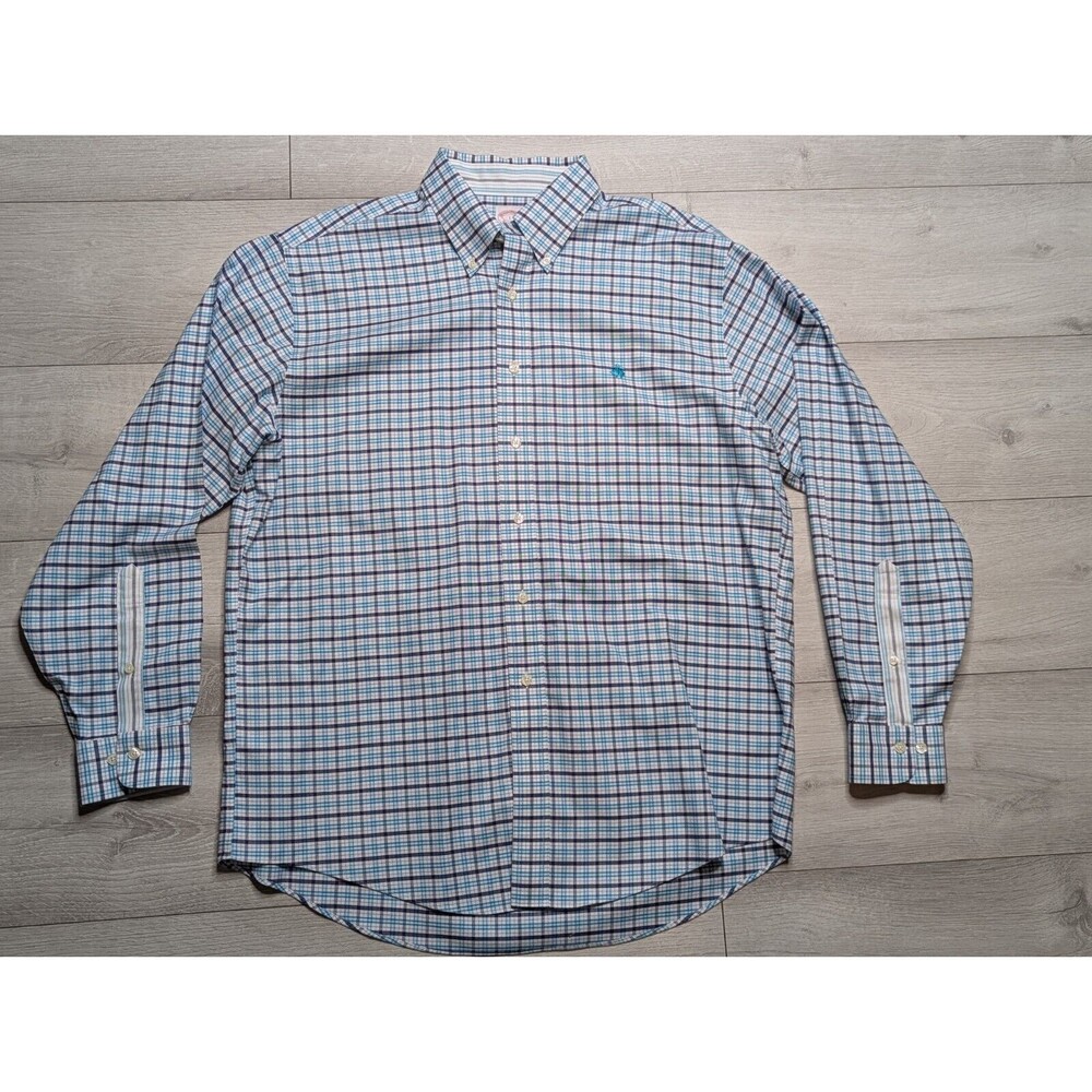 Brooks Brothers Shirt Non Iron Regular Fit Button Down Plaid Blue White Logo